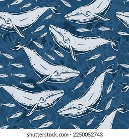 Blue whales pattern seamless monochrome with small and large fish swimming underwater in sea or ocean water vector illustration