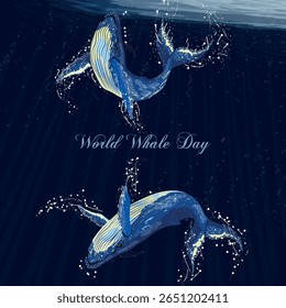 Baleias azuis. Cartão-postal. Desenho vetorial. Dia Mundial da Baleia. Dia dos Oceanos