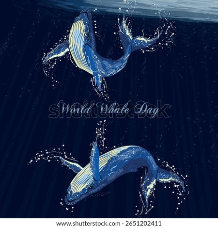 Blue whales. Postcard. Vector drawing. World Whale Day. Oceans Day
