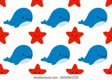 Blue whales and red starfish arranged in a seamless marine pattern on white background, suitable for playful kids’ designs