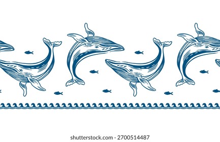 Ballenas azules sin borde. Dibujado a mano ilustración de arte de línea de peces y olas. Arte de Clip de Vector para envolver papel, tela y Anuncios de festival. Conveniente para la decoración de la vajilla.