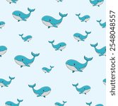 Blue Whales Seamless Pattern. cute cartoon whale seamless pattern on a blue background vector illustration. cute cartoon whale seamless pattern on a blue background vector illustration
