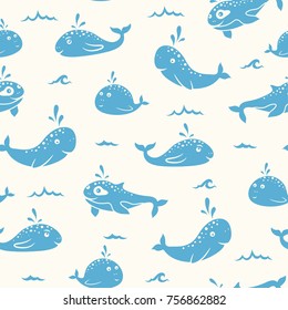 Blue whales seamless pattern on white background. Vector