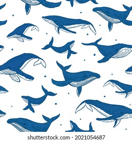 Blue whales. Seamless pattern. Vector sketch illustrations