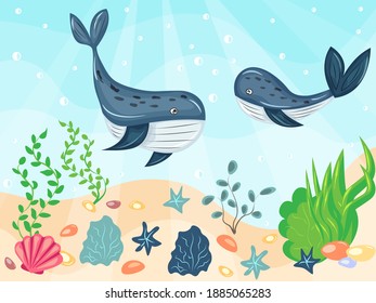 blue whales swim on the sea floor. cartoon style. vector illustration, eps
