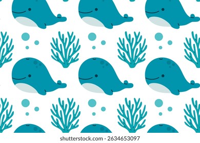 Blue whales swimming among coral and seaweed in a seamless pattern, great for educational, marine, or decor use
