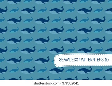 Blue whales. Vector seamless pattern