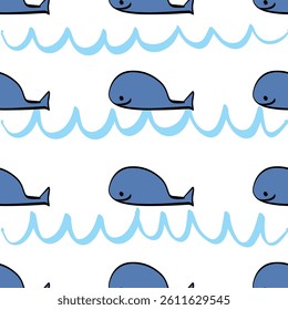 Blue whales waves seamles pattern. Vector illustration