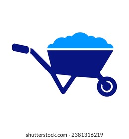 A blue wheelbarrow with dirt in it. In this image, we see a clear blue sky with a single white cloud floating in the background. The dominant colors are white and blue, creating a serene and peaceful.