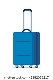 Blue wheeled travel bag with hand. Plastic travel suitcase. Vector illustration