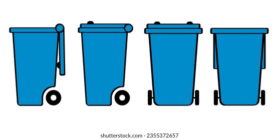 Blue wheelie bin. Garbage bag, container. Waste bin or litterbin. Recyclable materials include food tins, papers, cardboard, newspapers, magazines, plastic bottles, glass bottles, and jars, packaging.