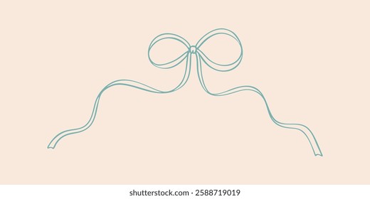 Blue whimsical bow on wavy ribbon. Cute line art vector vintage illustration. Trendy design element in coquette minimalist style for wedding, Valentines day, birthday party