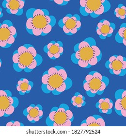 Blue with whimsical funky florals seamless pattern background design.