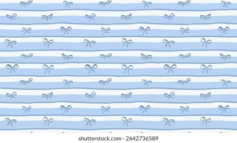 Blue Whimsical Horizontal Stripes Bold Color Vector Seamless Pattern, Summer Striped Ribbon Bows Travel Themed Design, Coquette Fabric Textile, Kitchen Decor. Simple Illustration Horizontal Background