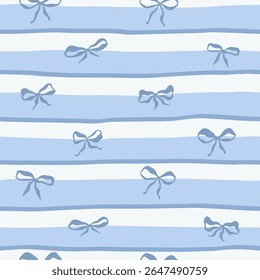 Blue Whimsical Horizontal Stripes Bold Color Vector Seamless Pattern, Summer Striped Ribbon Bows Travel Themed Design, Coquette Fabric Textile, Kitchen Decor. Simple Illustration Background