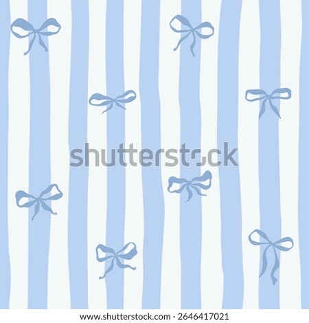 Blue Whimsical Vertical Stripes Bold Color Vector Seamless Pattern, Summer Striped Ribbon Bows Travel Themed Design, Coquette Fabric Textile, Kitchen Decor. Simple Illustration Background