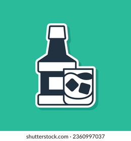 Blue Whiskey bottle and glass icon isolated on green background.  Vector