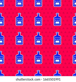 Blue Whiskey bottle icon isolated seamless pattern on red background.  Vector Illustration