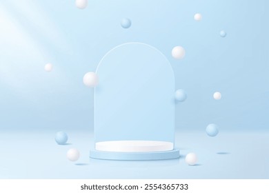 Blue and white 3d cylindrical podium background with floating balls, minimal, realistic stand mockup for product display, stage, presentation, advertising.