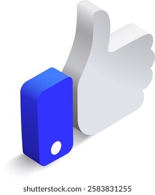 Blue and white 3D isometric thumbs up symbol conveying approval, agreement, and positive feedback, representing social media engagement and encouraging communication