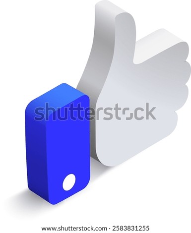 Blue and white 3D isometric thumbs up symbol conveying approval, agreement, and positive feedback, representing social media engagement and encouraging communication