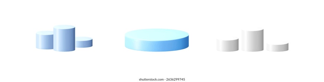 Blue and white 3d podium set. Empty cylinder pedestal for product presentation. Minimalist scene for advertising.