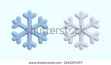 Blue and white 3D snowflake. Set of winter weather icons. Symbol of light and heavy snowfall