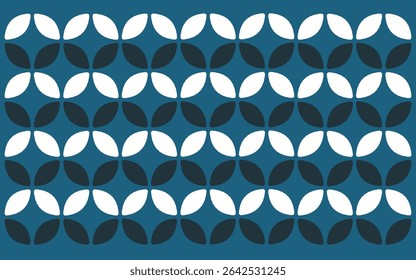 blue and white abstract background. White and dark gray petal motifs interlock on a teal background, forming a simple yet engaging ethnic batik pattern. Floral art design