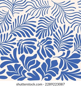 Blue white abstract background with tropical palm leaves in Matisse style. Vector seamless pattern with Scandinavian cut out elements.