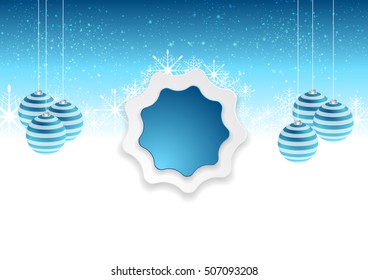 Fondo de Navidad azul blanco abstracto con copos de nieve, bolas de abeto y etiqueta adhesiva. Diseño de invierno vector brillante