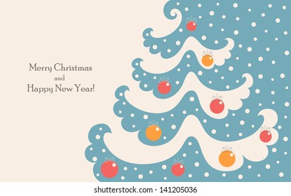 Blue and white abstract Christmas tree with decorations. Vector background.