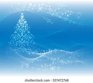 blue white abstract festive landscape with christmas tree and place for text, vector