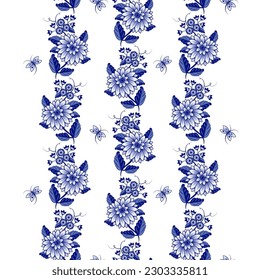 
Flores y mariposas abstractas azules y blancas. Patrón veloz. Textura floral sobre fondo blanco.  Diseño de estilo chino. 
   