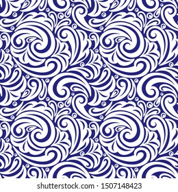 Blue and white abstract leaf seamless pattern. Vintage vector ornament. Paisley design elements. Great for fabric and textile. Can be used for background and wallpaper decoration.