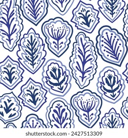 Blue and white abstract ornamental seamless pattern. Vector hand-drawn illustration.