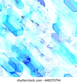 Blue and white. Abstract seamless vector pattern. Polygons and spots with sharp edges. Randomly overlap, transparency.  Watercolor effect.