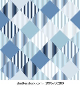 Blue and white abstract simple checker striped geometric seamless pattern, vector