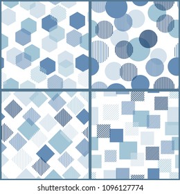 Blue and white abstract simple striped geometric shapes seamless patterns set, vector