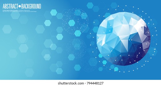 Blue white abstract technology background with hexagons and globe. Low poly wallpaper.