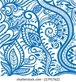 Blue and white abstract vector background, floral ornament, asymmetric  sketch pattern, vector illustration