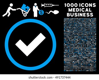 Blue And White Accept vector bicolor rounded icon. Image style is a flat icon symbol inside a circle, black background. Bonus clip art is 1000 medicine business elements.