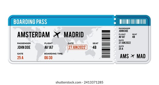 blue and white Airplane ticket design. Realistic illustration of airplane boarding pass with passenger name and destination. Concept of travel, journey or business trip. Isolated on white background