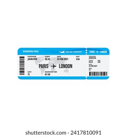 Blue and white Airplane ticket design. Realistic illustration of flight ticket and boarding pass with passenger name and destination. World map and travel details.