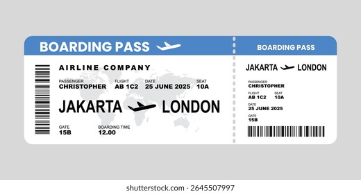Blue and white Airplane ticket design. Realistic illustration of airplane ticket boarding pass with passenger name and destination. Concept of travel, journey or business trip. Isolated on white.