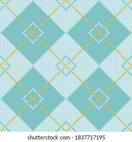 Blue and white argyle sweater pattern. Seamless knitted diamond pattern with white and blue rhombuses and yellow lines. Neutral winter knitted texture backdrop.