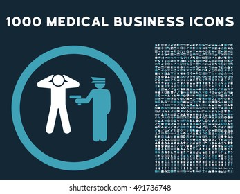 Blue And White Arrest vector bicolor rounded icon. Image style is a flat icon symbol inside a circle, dark blue background. Bonus clipart includes 1000 medical business pictograms.