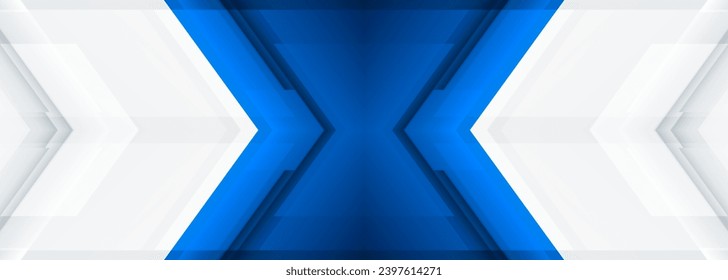 Flechas azules y blancas: el concepto de fondo de tecnología futurista movimiento de alta velocidad. Banner de ilustración de vector amplio