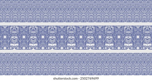 Patrón tribal azteca azul y blanco con Elementos geométricos y simbólicos, perfecto para textiles o decoración.