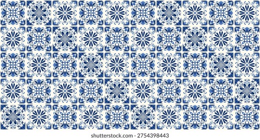Blue and white azulejo tile pattern with repeating floral and geometric motifs. Traditional Portuguese ceramic mosaic background inspired by classic ornamental wall tiles and vintage interiors.