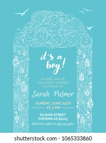 Blue and white Baby Shower invitation template. Cloud of swirls, rain, raindrops and bird silhouettes in the sky. Blue and white duotone vector illustration.